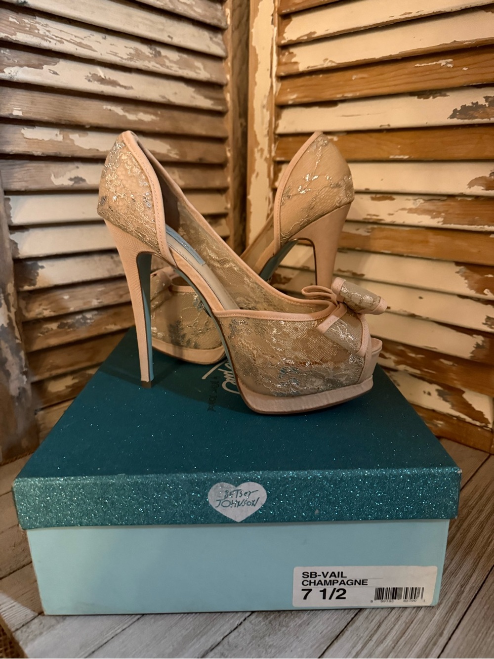 Betsey Johnson Champagne Lace Peep-Toe High Heels